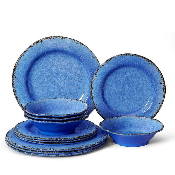 12-Piece Blue Melamine Dinnerware Set, Lightweight and BPA Free Rustic Plates and Bowls Sets for Indoor Outdoor Use