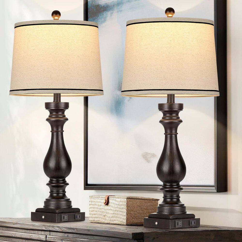 Bedside 27.5 in. Resin Black Dimmable Table Lamp Set With USB-C & USB-A Ports, Oatmeal Shade with Black Trim (Set of 2) price history on PriceWatchPro