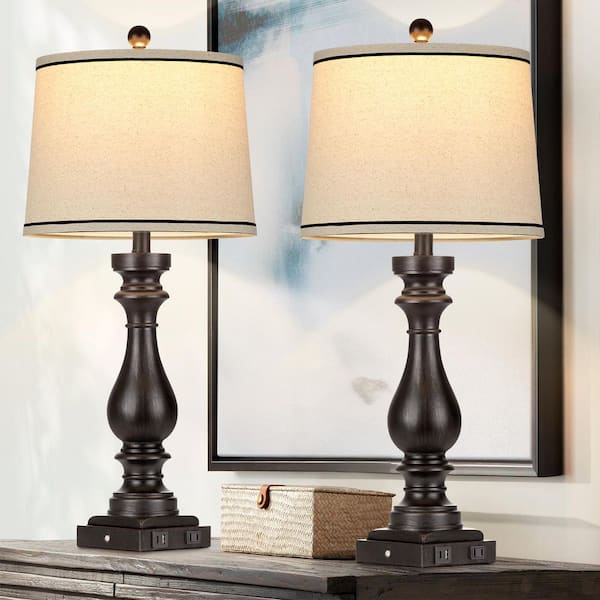 Bedside 27.5 in. Resin Black Dimmable Table Lamp Set With USB-C & USB-A Ports, Oatmeal Shade with Black Trim (Set of 2)