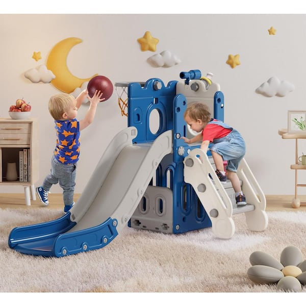 Geren 6 ft. 7-In-1 Blue Plus Gray Toddler Slide L-Shaped Kids Slide Outdoor Indoor Slide Playset Toddler Playground