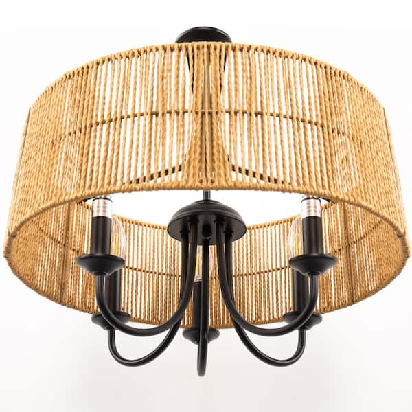 YANSUN 5-Light Hand Woven Rattan Pendant Light, Boho Large