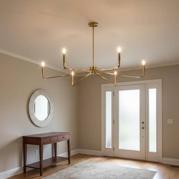 YANSUN 6-Light Gold Industrial Chandelier, Brushed Brass Metal