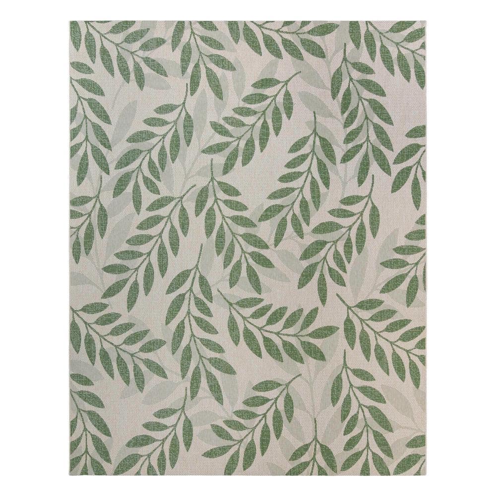 Large Beige and Green Synthetic Flatweave Outdoor Rug