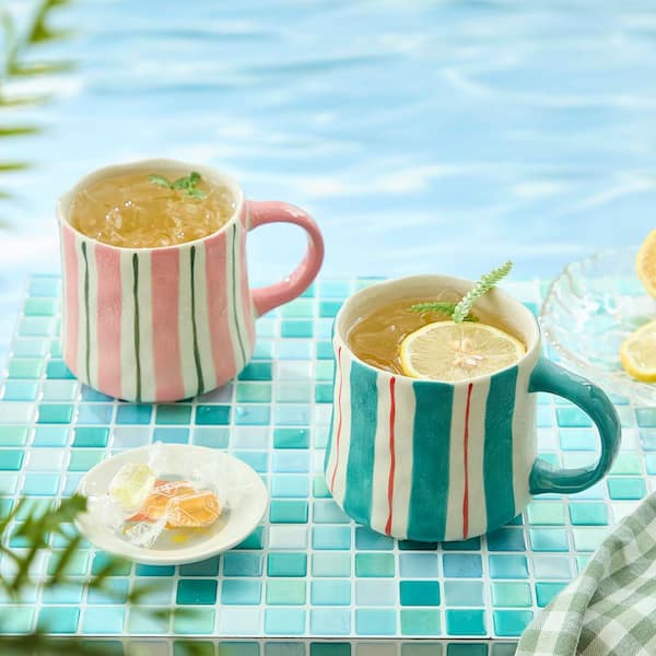 Numhew 12 oz. Multicolor Striped Ceramic Coffee Mug Set for Summer Iced Drinks and Latte, Mug Gift Set for Office (Set of 2)