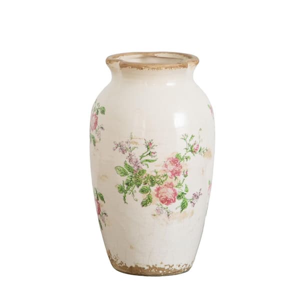 10 in. Beige Floral Print Tuscan Ceramic Bottle Scroll Urn