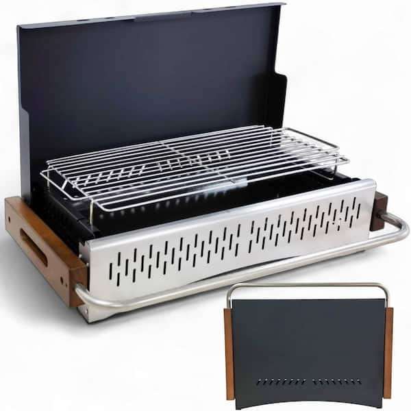 XL Portable Charcoal Grill Foldable Briefcase in Black with Foldable with Lid