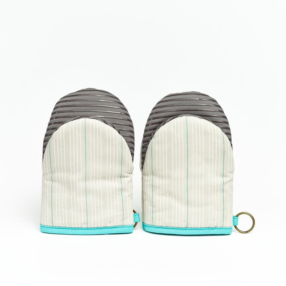 Beige Striped Cotton Mini Oven Mitts with Silicone Palm Set