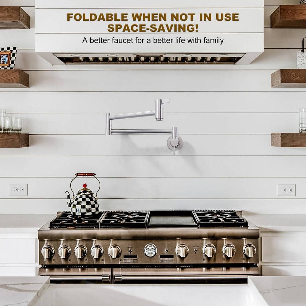 Brushed Nickel Wall Mount Double Handle Pot Filler Faucet