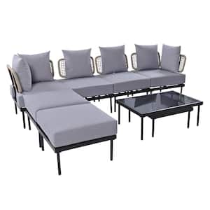 8-Piece Black Metal Outdoor Sectional Sofa Set with Gray Cushions, Tempered Glass Coffee Table and Wooden Coffee Table
