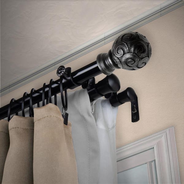 EMOH 13/16" Dia Adjustable 120" to 170" Triple Curtain Rod in Black with Irma Finials
