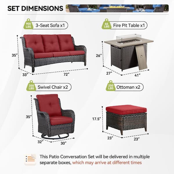 6-Piece Brown Wicker Fire Pit Conversation Set with Olefin Red Cushions and Swivel Glider Rocking Chairs and Couch