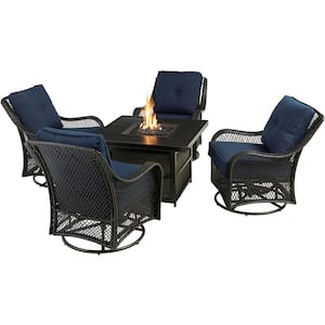 Orleans 5-Piece Aluminum Patio Fire Pit Set with Blue Cushions, 4 Wicker Rocker Chairs, 38 in. Gas Fire Pit Table w/ Lid