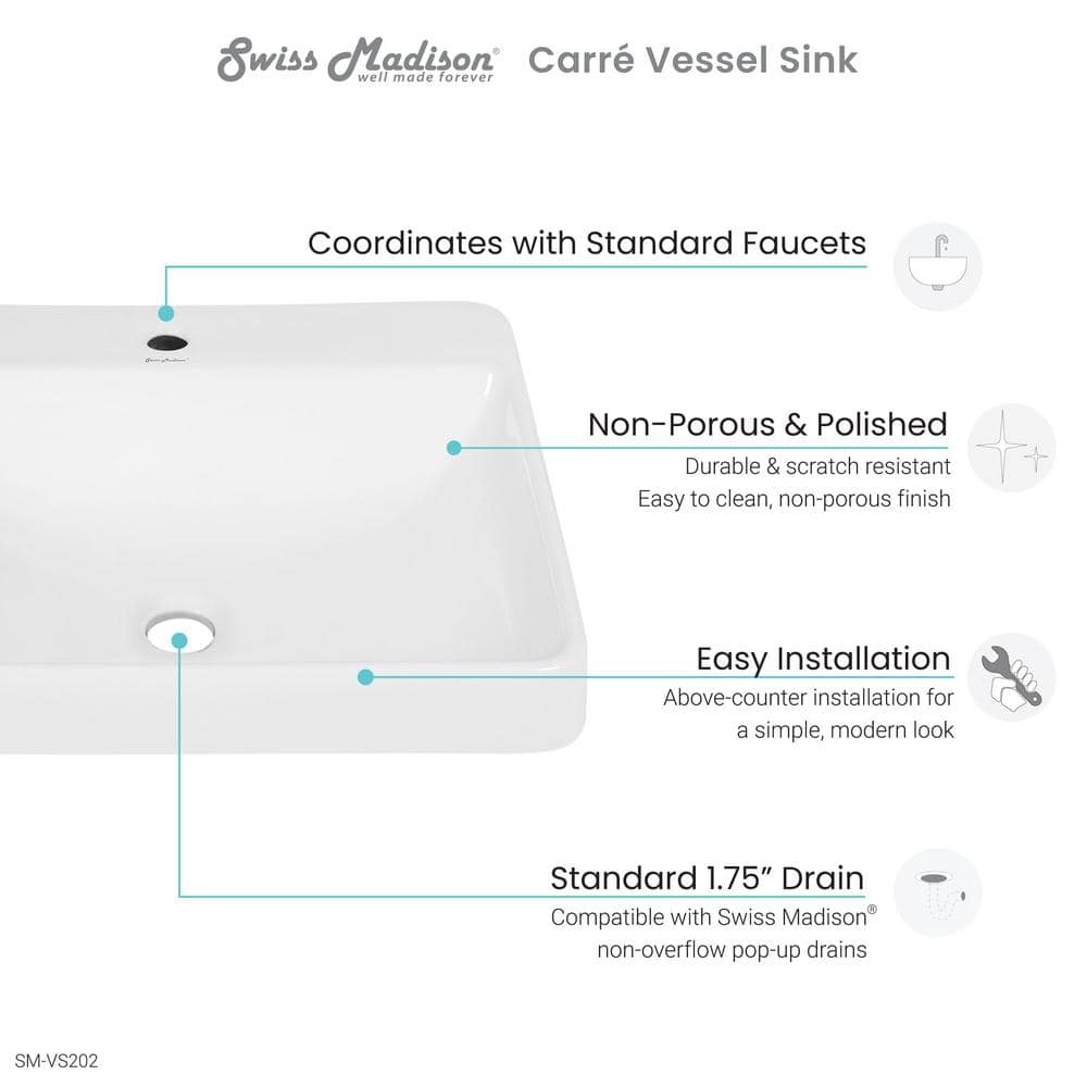 Glossy White Large Rectangular Ceramic Vessel Sink