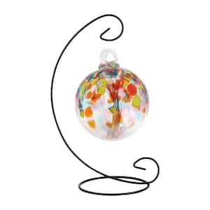 Tree Of Life 4 in. Multi-Color Eden Hand Blown Glass Ball with Metal Antique Bronze Finish Stand