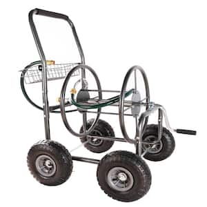 Outdoor Patio 4 Wheel Portable Garden Hose Reel Cart with Storage Basket and Hose Holder