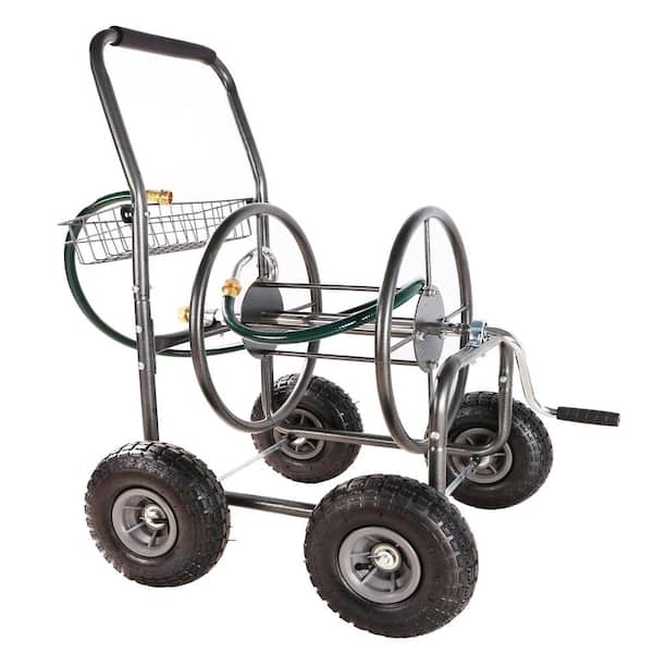 Tunearary Outdoor Patio 4 Wheel Portable Garden Hose Reel Cart with Storage Basket and Hose Holder