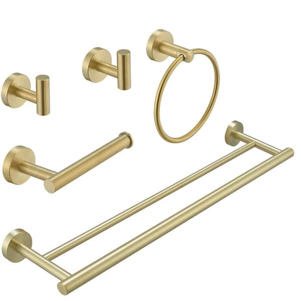 5-Piece Bath Hardware with Towel Bar Towel Rack Towel Hook Toilet Paper Holder and Towel Ring Set in Brushed Gold