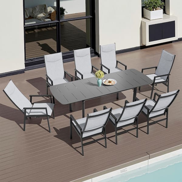 9-Piece Aluminum Rectangular Extension Outdoor Patio Set with 2 Lockable Clasps Table and Adjustable Backrest Gray Chair