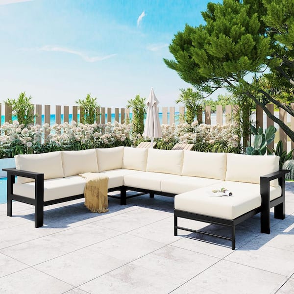 Harper & Bright Designs Black Aluminum U-shaped Outdoor Sectional Set with White Cushions