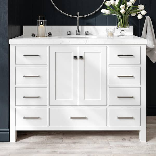 Cambridge 48 in. W x 22 in. D x 36 in. H Single Oval Sink Bath Vanity in White with Carrara White Quartz Top