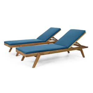 Bexley 2-Piece Wood Outdoor Patio Chaise Lounge with Blue Cushions