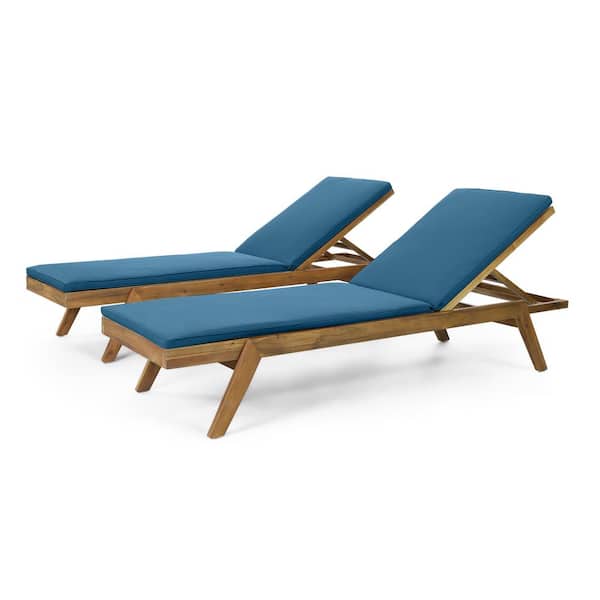 Noble House Bexley 2-Piece Wood Outdoor Patio Chaise Lounge with Blue Cushions