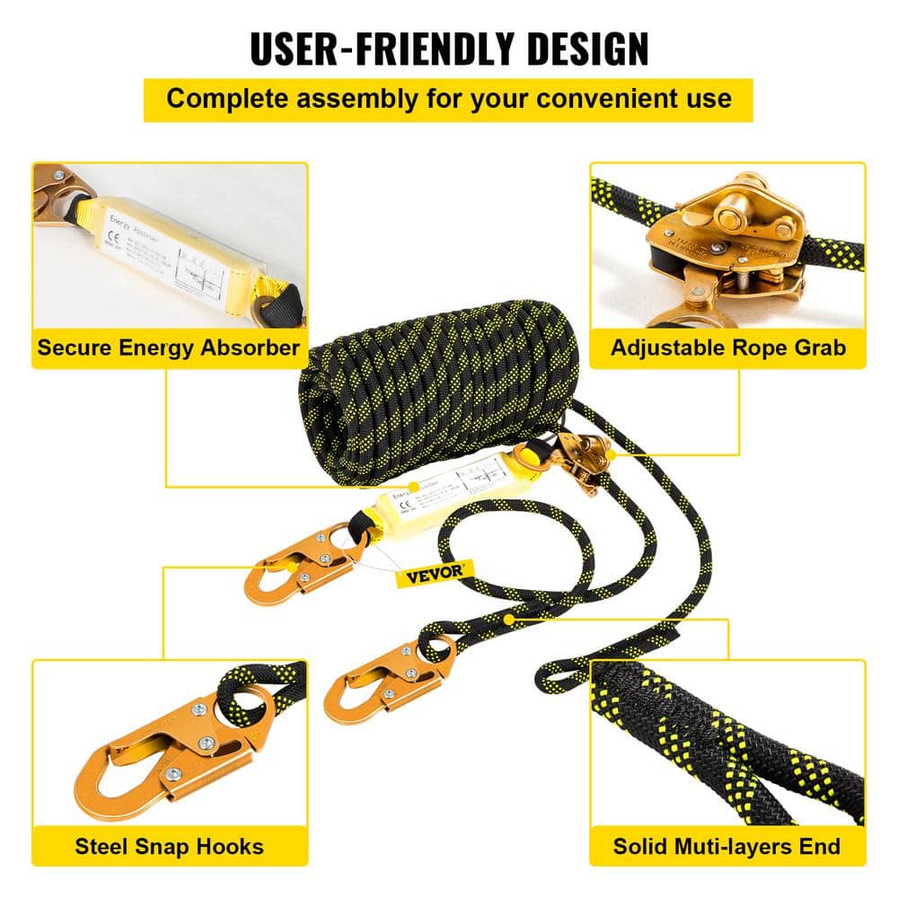 100 ft Black and Yellow Polyester Fall Protection Rope with Steel Snap Hooks