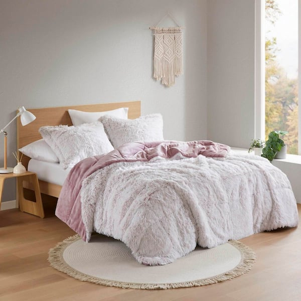 Unbranded 3 PCS King/Cal King Stylish Shaggy Faux Fur Comforter Mini Set Pink/White 100% Polyester