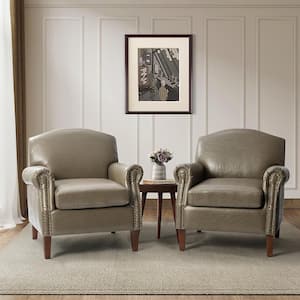 Gianluigi Grey Vegan Leather Armchair with Rolled Arms and Nailhead Trim (Set of 2)