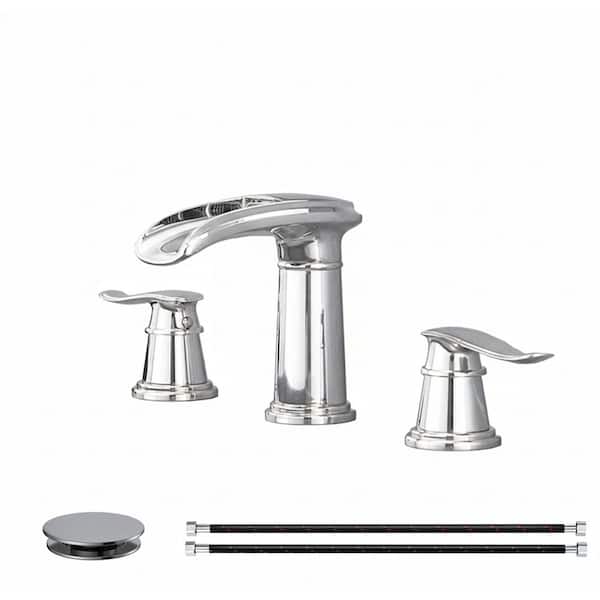 8 in. Widespread 2-Handle Waterfall Bathroom Sink Faucet with Drain Kit and Ceramic Valve Polished Chrome