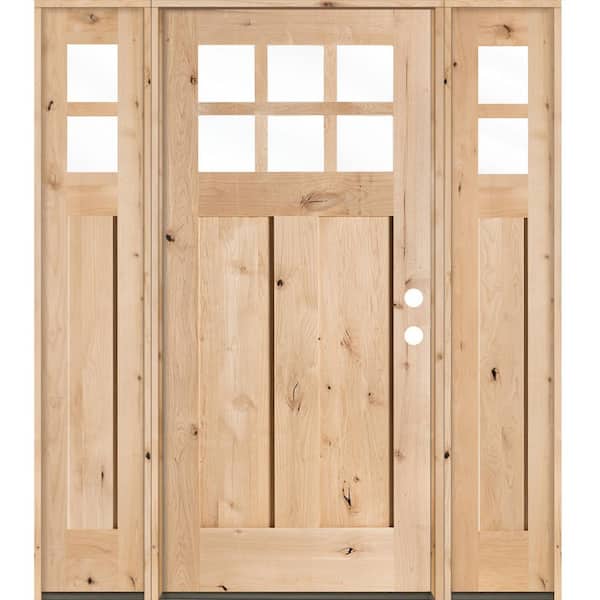 64 in. x 80 in. Knotty Alder Left-Hand/Inswing 6 Lite Beveled Clear Glass Unfinished Wood Prehung Front Door with DSL