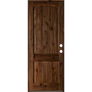 30 in. x 96 in. Rustic Knotty Alder Arch Top V-Grooved Provincial Stain Left-Hand Wood Single Prehung Front Door