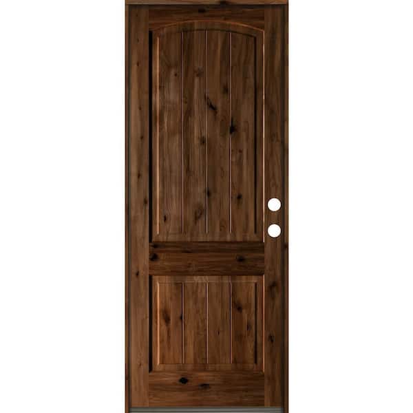 Krosswood Doors 30 in. x 96 in. Rustic Knotty Alder Arch Top V-Grooved Provincial Stain Left-Hand Wood Single Prehung Front Door