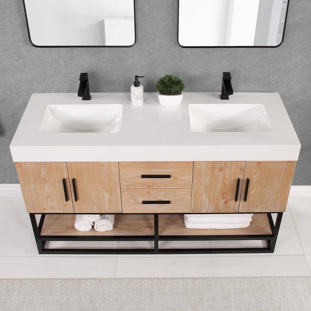 Bianco 60" Light Brown Wood Vanity with White Stone Top