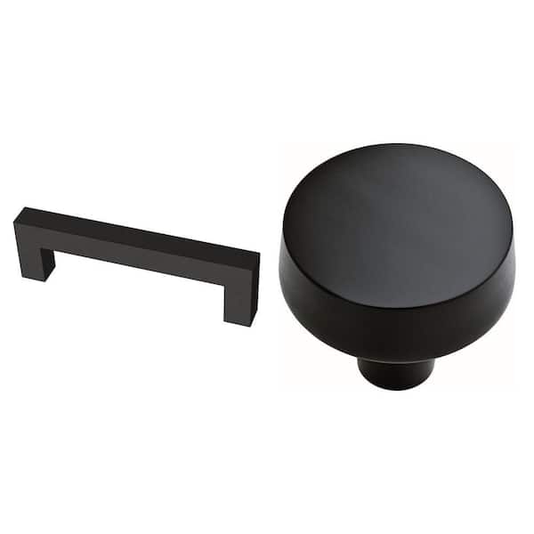 3-3/4 in. (96 mm) Matte Black Cabinet Drawer Pull and 1-3/8 in. (35 mm) Round Knob Combo
