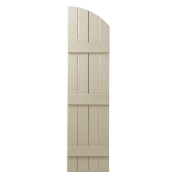 Ply Gem 15 in. x 57 in. Polypropylene Plastic Arch Top Closed Board and Batten Shutters Pair in Sand Dollar