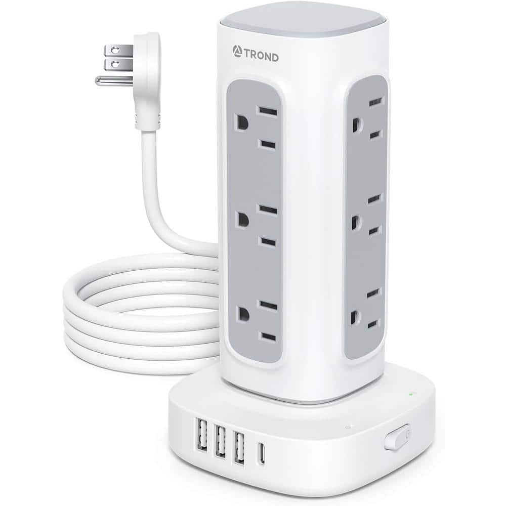 Etokfoks 6 ft. Flat Plug Extension Cord, Tower Power Strip Surge Protector with 4 USB Ports(1 USB C), 12 Spaced Outlets - White -  MLPH005LT313
