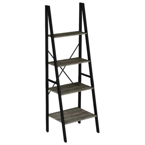 Lavish Home 70.5 in. Gray and Black Wooden 4-Shelf Leaning Ladder Bookcase