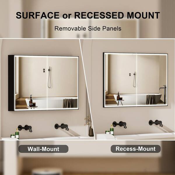 Forclover 48-in x 30-in Lighted LED Fog Free Surface/Recessed Mount Black Mirrored Soft Close Medicine Cabinet with Outlet