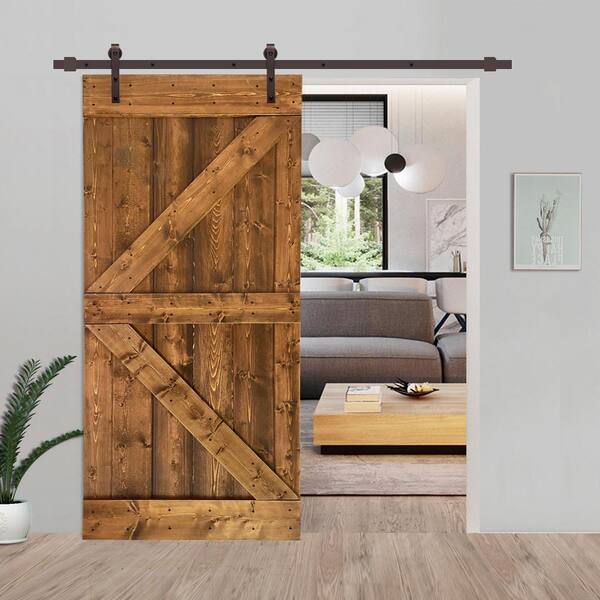 Calhome Distressed K 36 In X 84 Walnut Stained Solid Knotty Pine Wood Interior Sliding Barn Door With Hardware Kit Swd11 Ab 79 Diy K36bt Calhome Distressed K 36 In X 84, Diy Interior Sliding Door