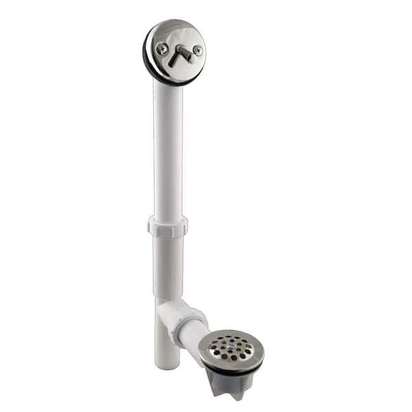 Westbrass 14 in. White Poly Tubular Bath Waste & Overflow Assembly with Trip Lever and Strainer Grid Drain Cover, Polished Nickel