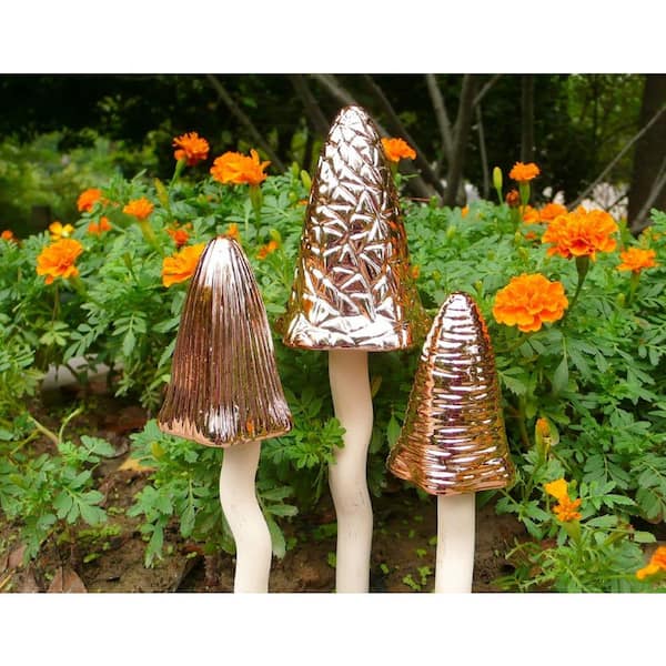 Set of 3 Glazed Toad Stool Mushroom Wind Chimes Garden Stakes Yard Statue Decor 