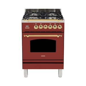 24 in. 2.4 cu. ft. Single Oven Italian Gas Range with True Convection 4 Burners, Brass Trim in Burgundy