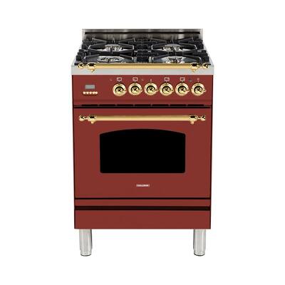 24 in. 2.4 cu. ft. Single Oven Italian Gas Range with True Convection 4 Burners, Brass Trim in Burgundy