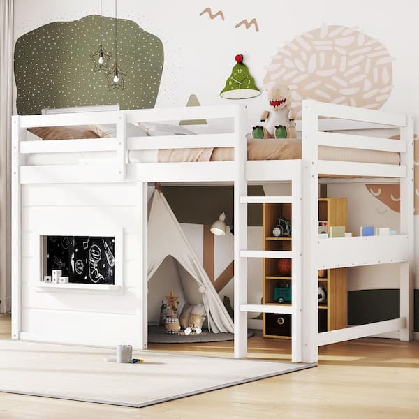 White Twin Wood Loft Bed with a Playful Sliding Chalkboard