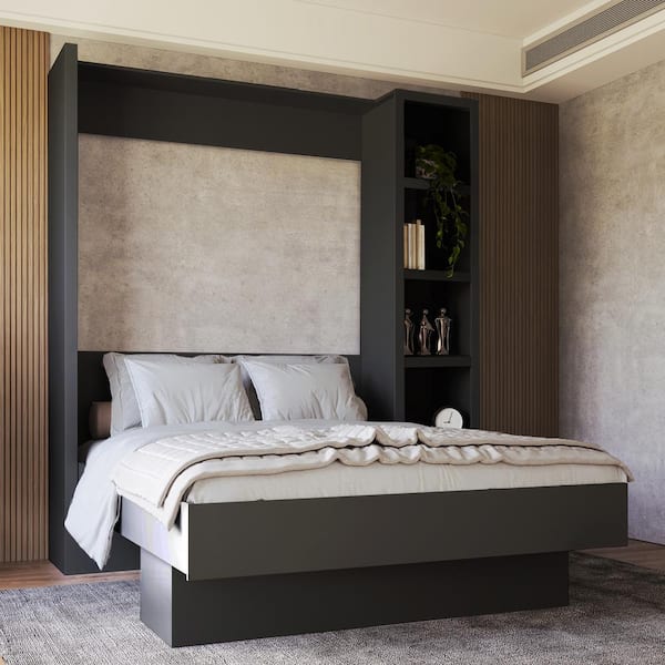 Easy-Lift Black Wood Frame Queen Murphy Bed with Bookshelf
