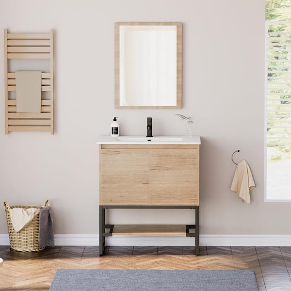 30 in. W x 18 in. D x 33 in. H Single Sink Freestanding Bath Vanity Cabinet in Natural with White Ceramic Top