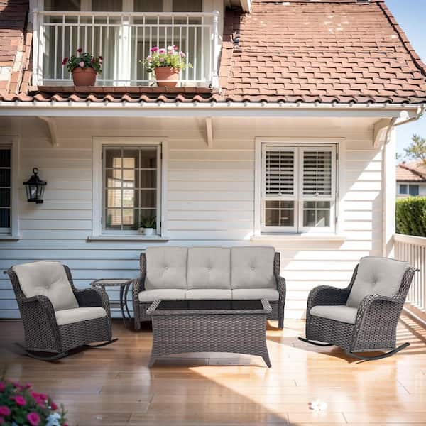 Opohoro ArcoBay 5-Piece Brown Wicker Outdoor Rocking Swivel Chairs Patio Conversation Set with Beige Cushions and 3-Seat Sofa