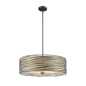 Zinnia 3-Light Bronze Shaded Pendant Light with Flax Linen Fabric Shade with No Bulb Included