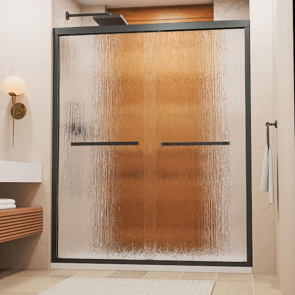 44 in. - 48 in. W x 72 in. H Double Sliding Framed Shower Door in Matte Black with Rain Glass